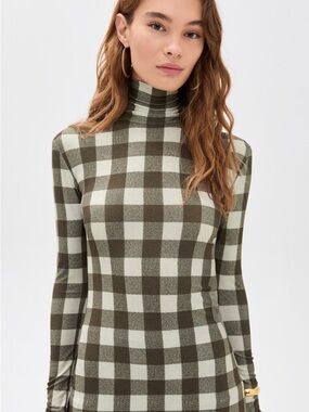 Norma Kamali Olive & Cream Check Turtleneck